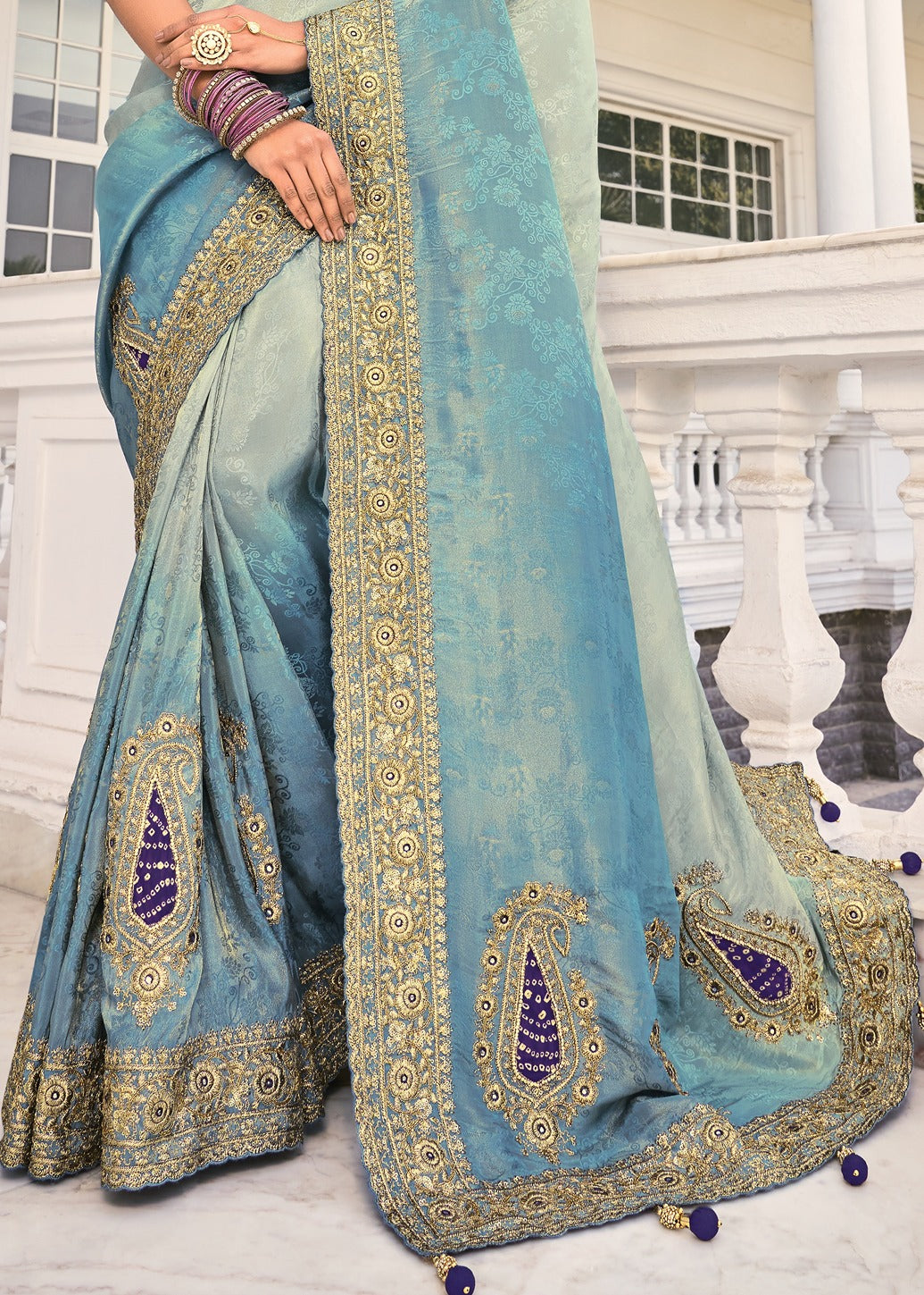 Soft Banarasi Silk Pastel Blue Ombre Handloom Saree With Heavy Embroidery Work & Bandhani Patchwork