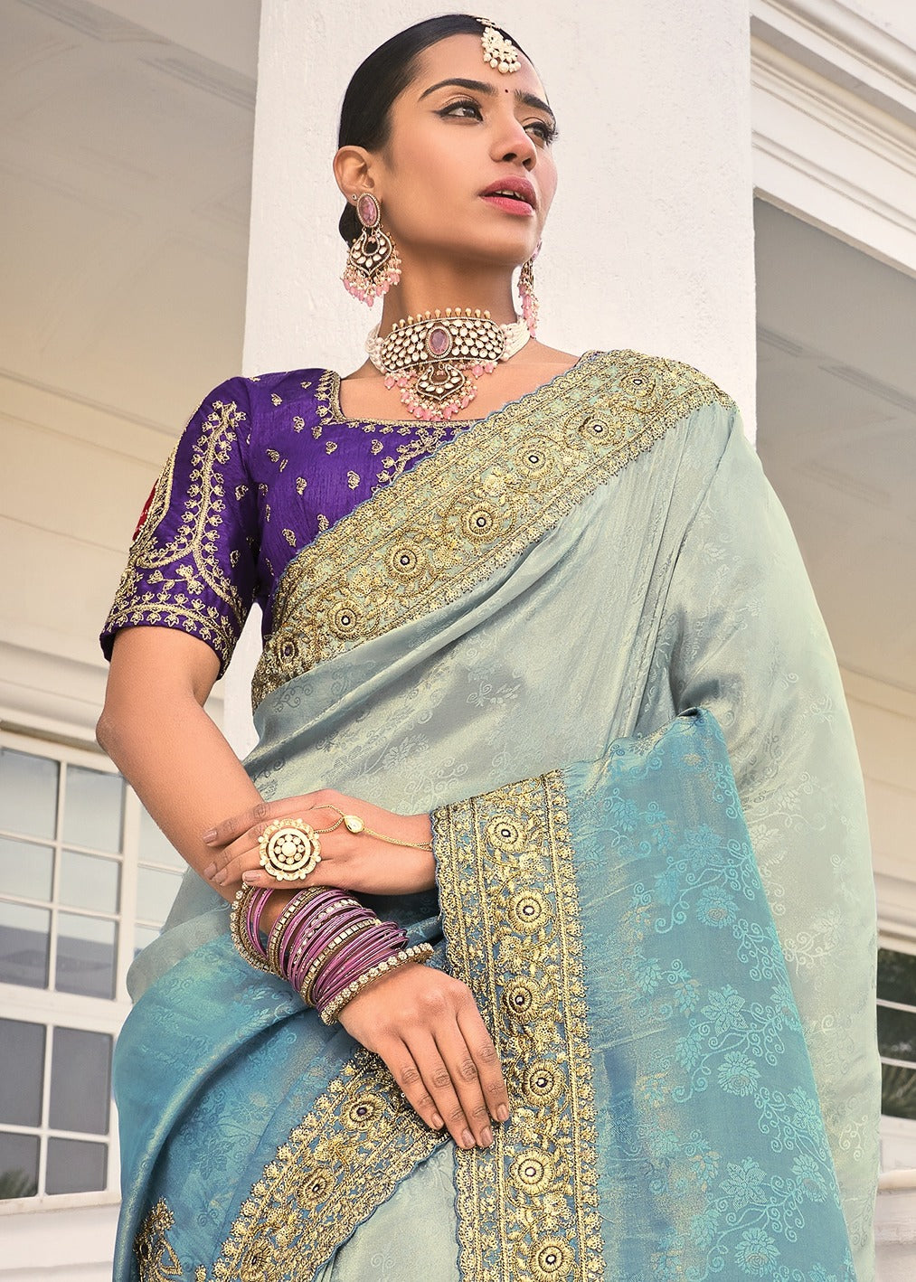 Soft Banarasi Silk Pastel Blue Ombre Handloom Saree With Heavy Embroidery Work & Bandhani Patchwork