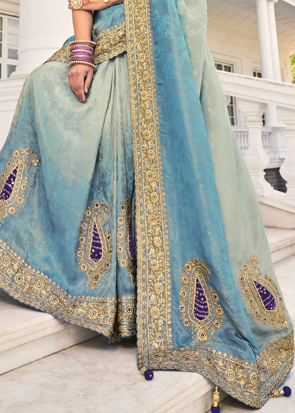 Soft Banarasi Silk Pastel Blue Ombre Handloom Saree With Heavy Embroidery Work & Bandhani Patchwork