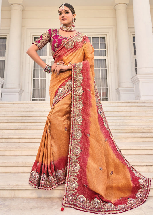 Soft Banarasi Silk Golden Peach & Red Ombre Handloom Saree With Heavy Embroidery Work