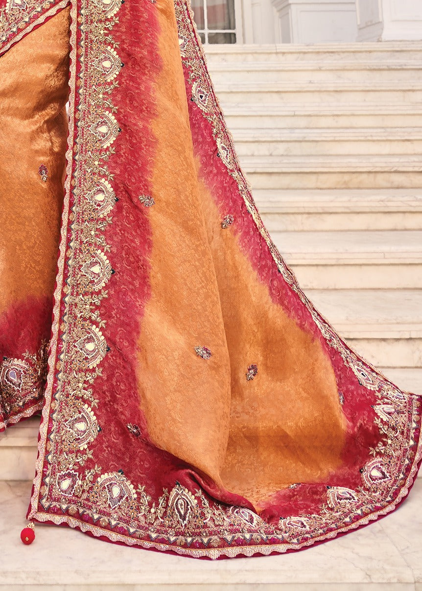 Soft Banarasi Silk Golden Peach & Red Ombre Handloom Saree With Heavy Embroidery Work