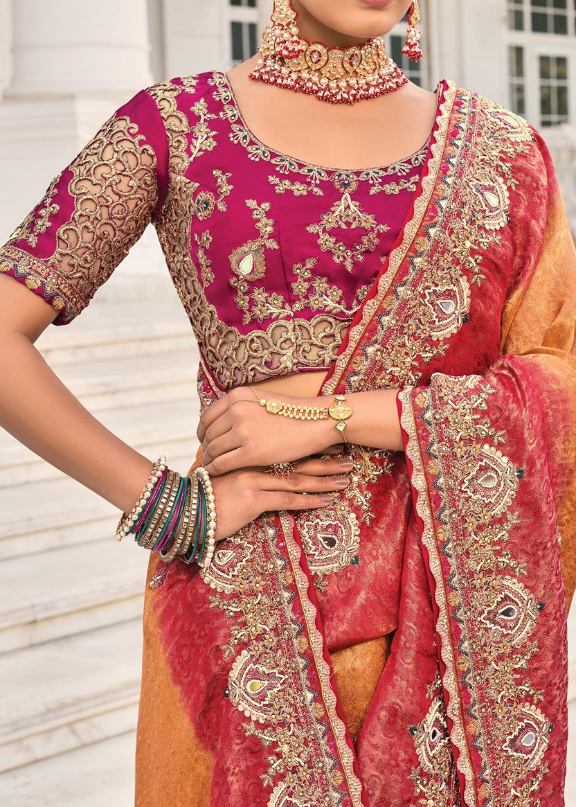 Soft Banarasi Silk Golden Peach & Red Ombre Handloom Saree With Heavy Embroidery Work