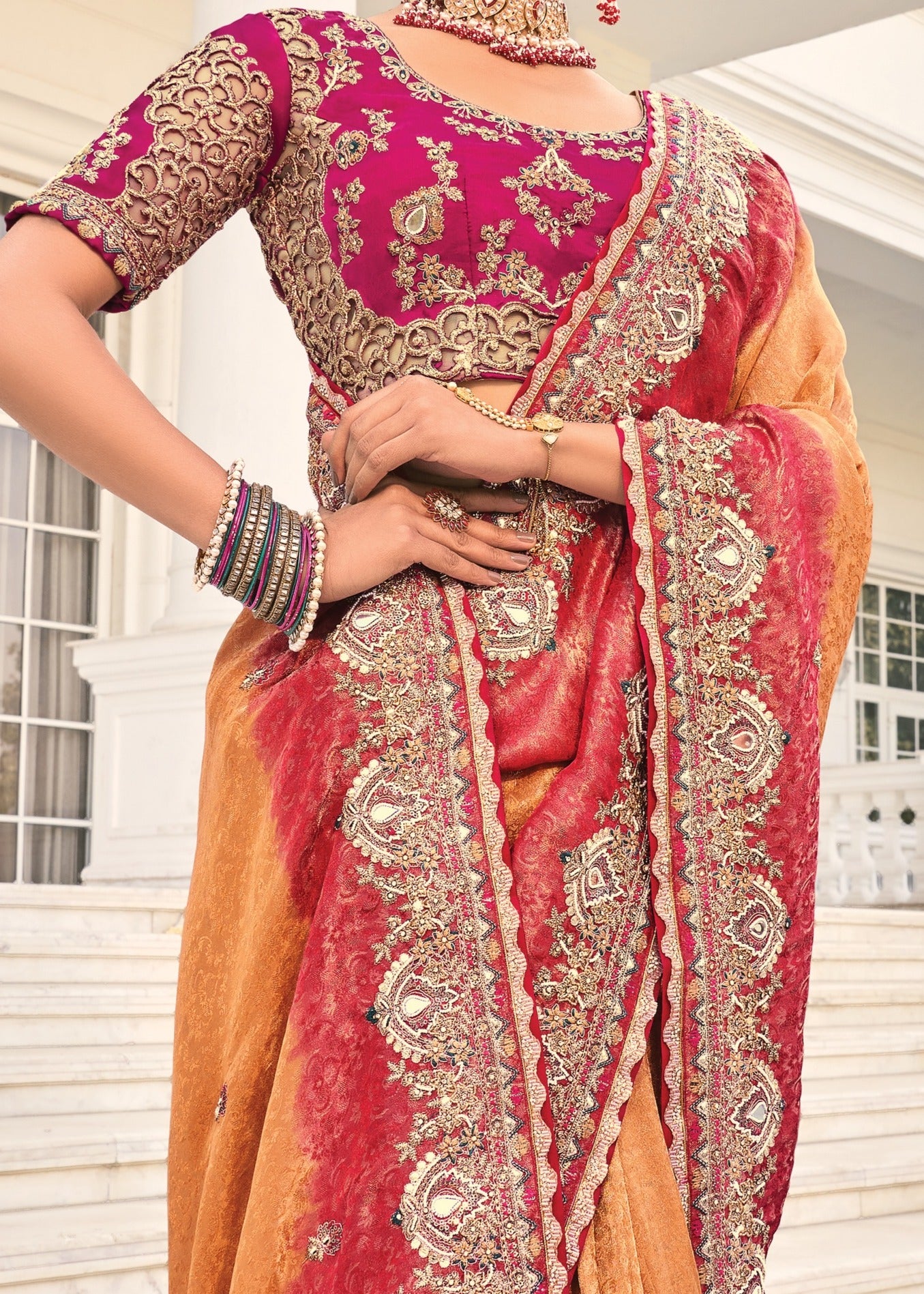 Soft Banarasi Silk Golden Peach & Red Ombre Handloom Saree With Heavy Embroidery Work