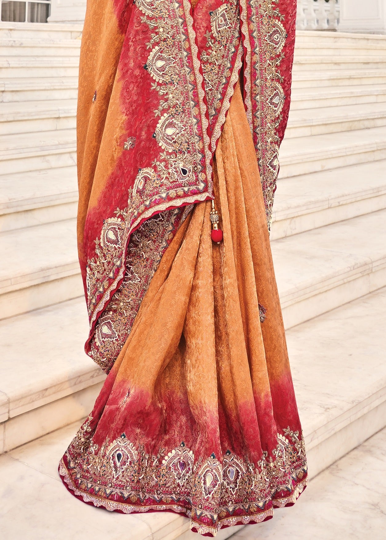 Soft Banarasi Silk Golden Peach & Red Ombre Handloom Saree With Heavy Embroidery Work