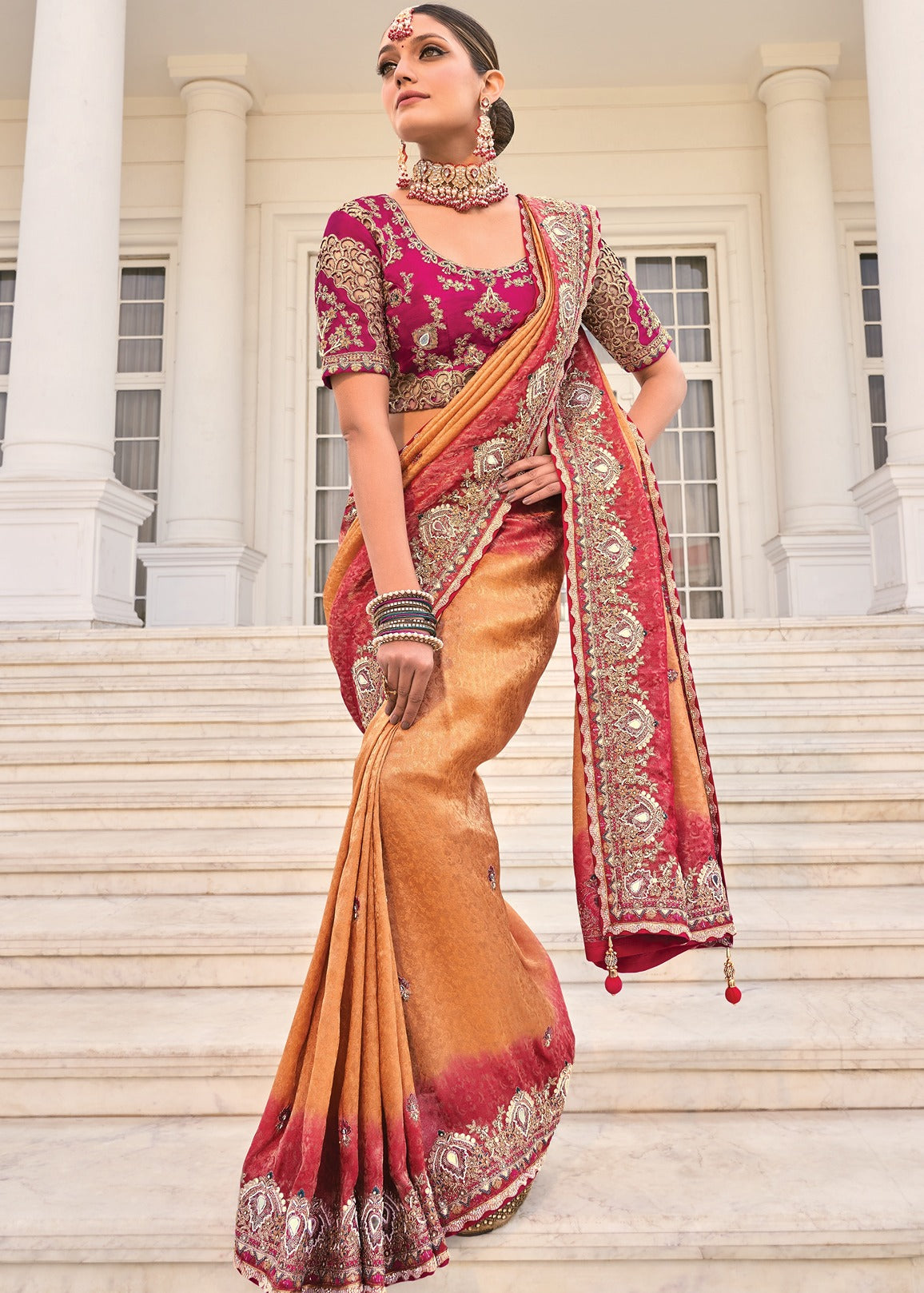 Soft Banarasi Silk Golden Peach & Red Ombre Handloom Saree With Heavy Embroidery Work