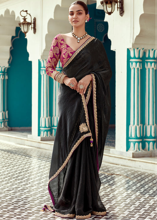 Crushed Tissue Silk Black Embroidered Saree With Contrast Pink Banarasi Blouse