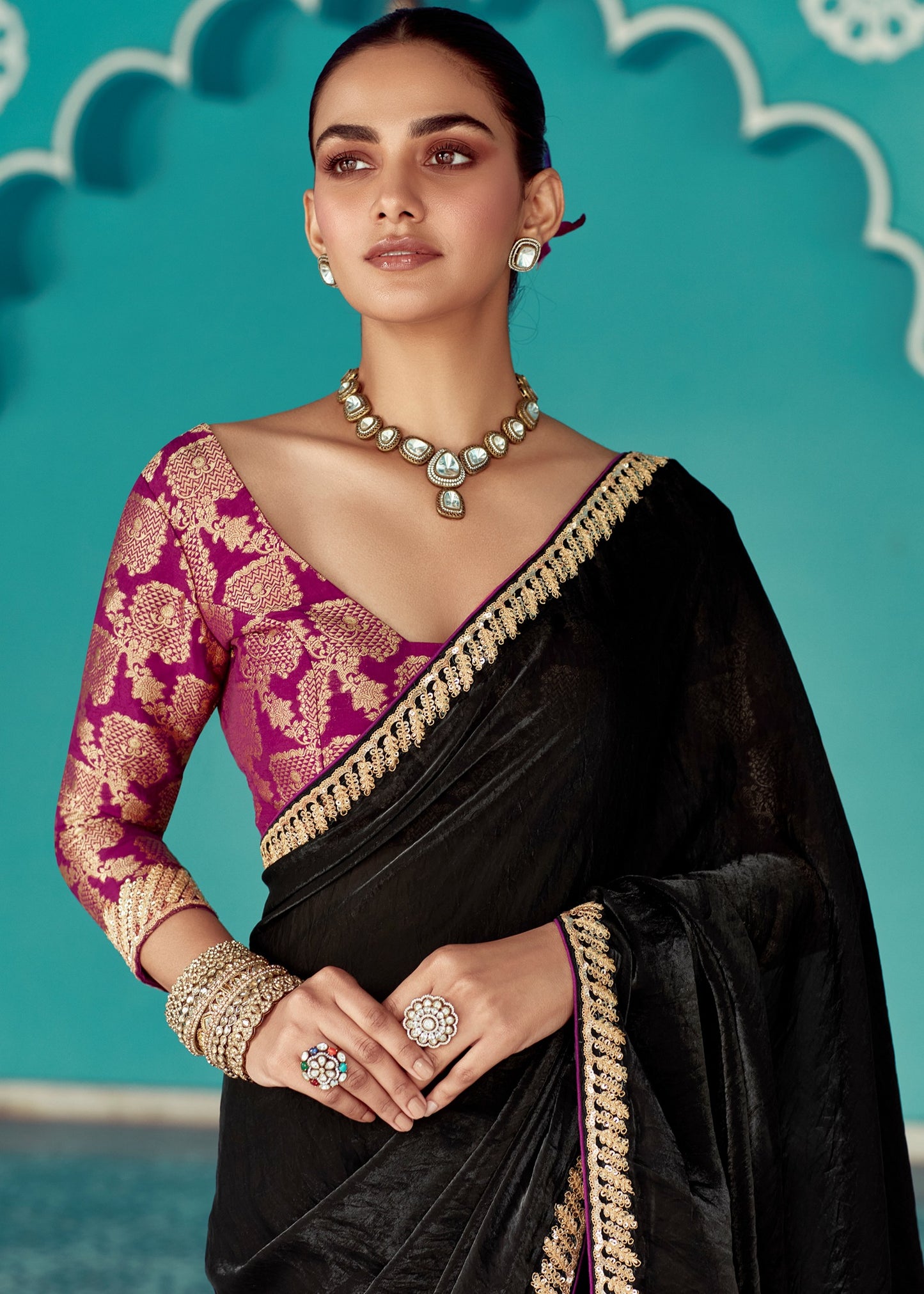 Crushed Tissue Silk Black Embroidered Saree With Contrast Pink Banarasi Blouse