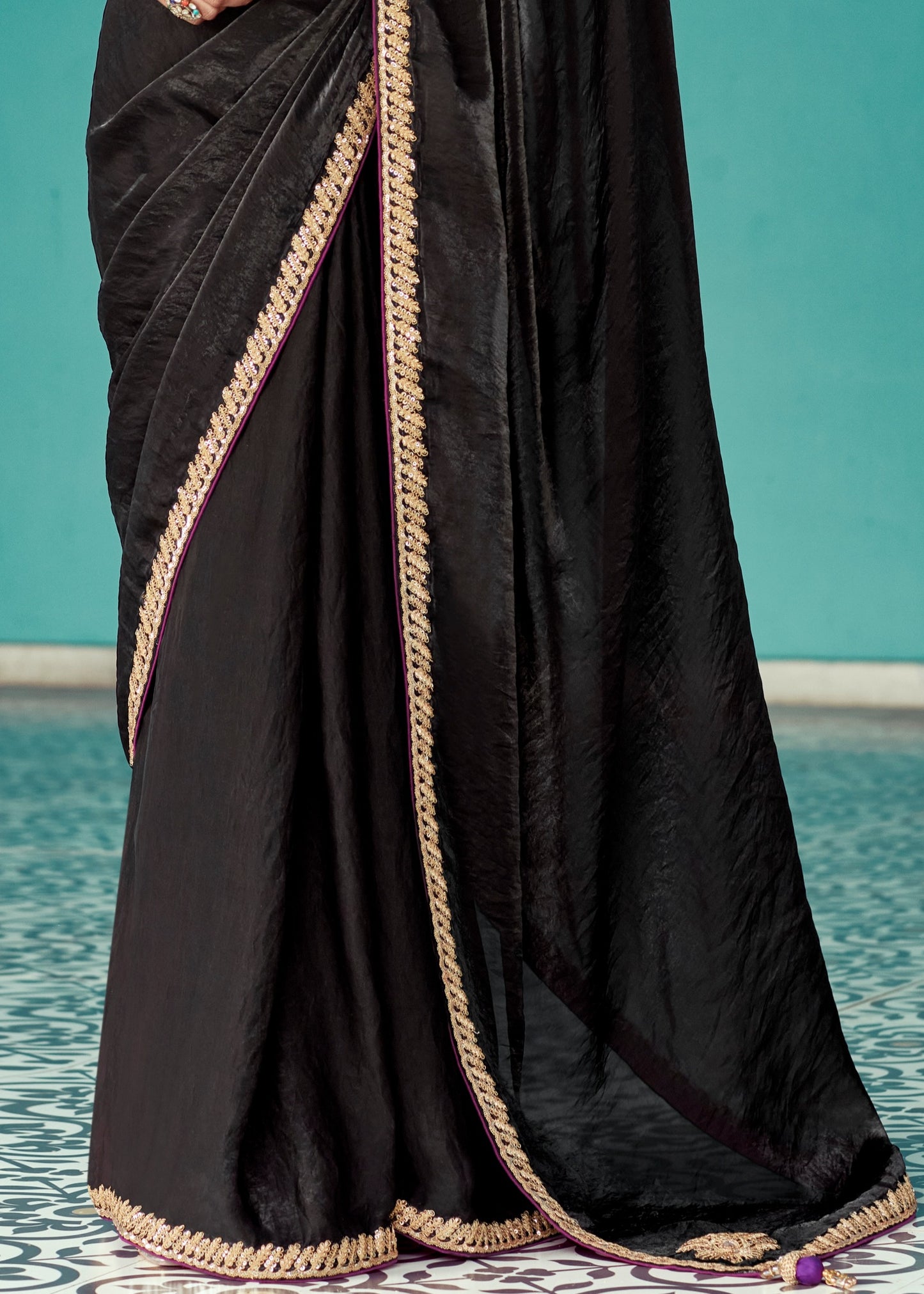 Crushed Tissue Silk Black Embroidered Saree With Contrast Pink Banarasi Blouse