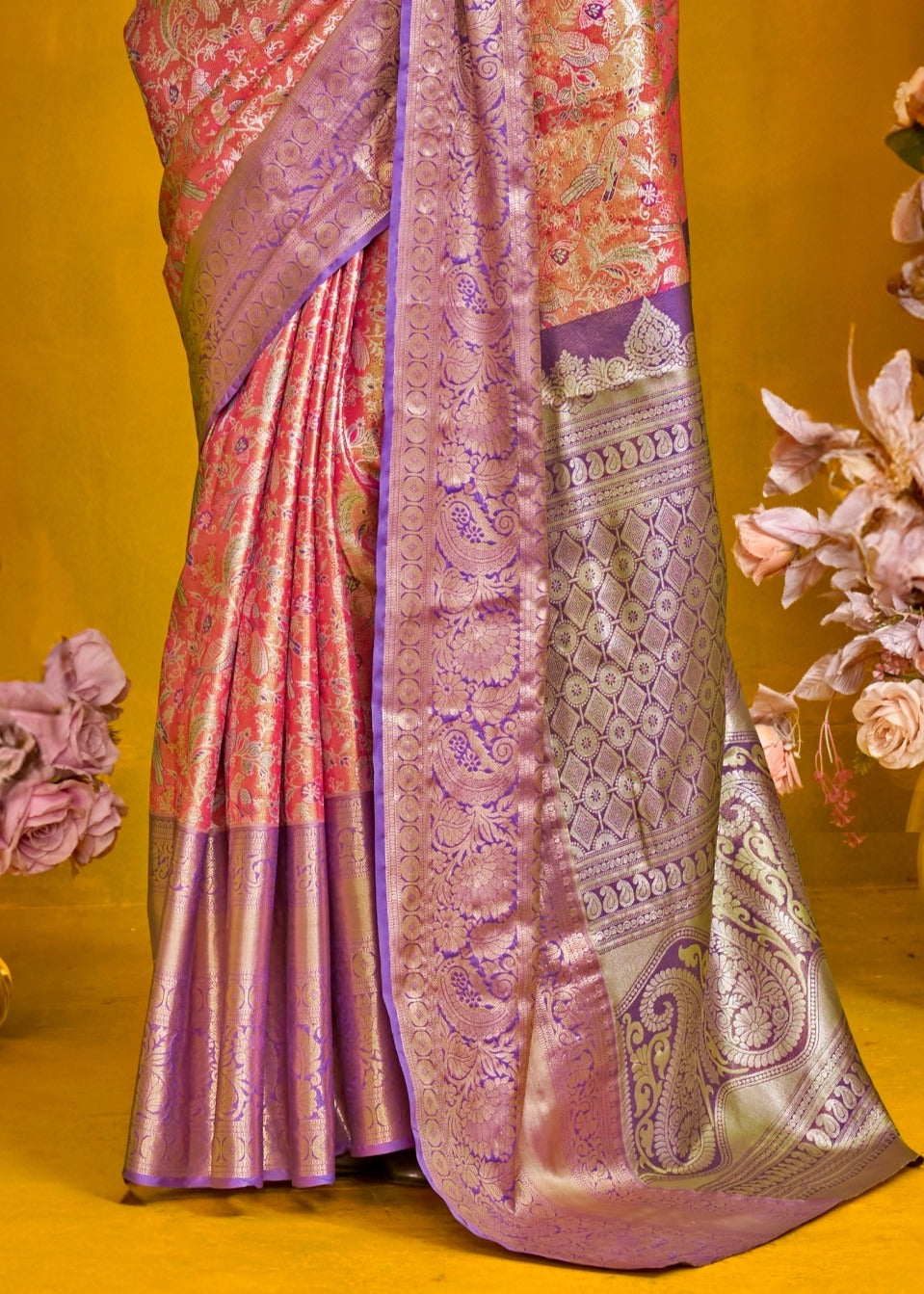 Orange and Purple Kanjivaram Silk Handloom Saree