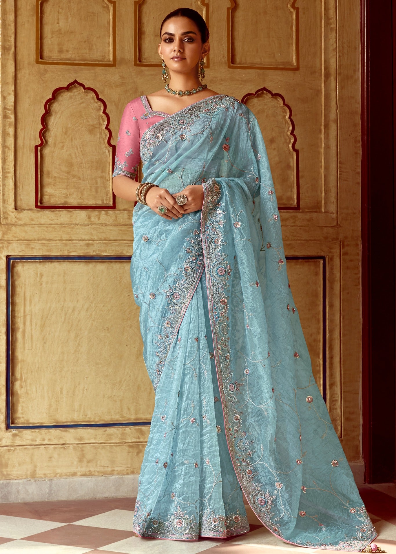 Pastel Blue Organza Tissue Silk Embroidered Saree With Contrast Pink Blouse