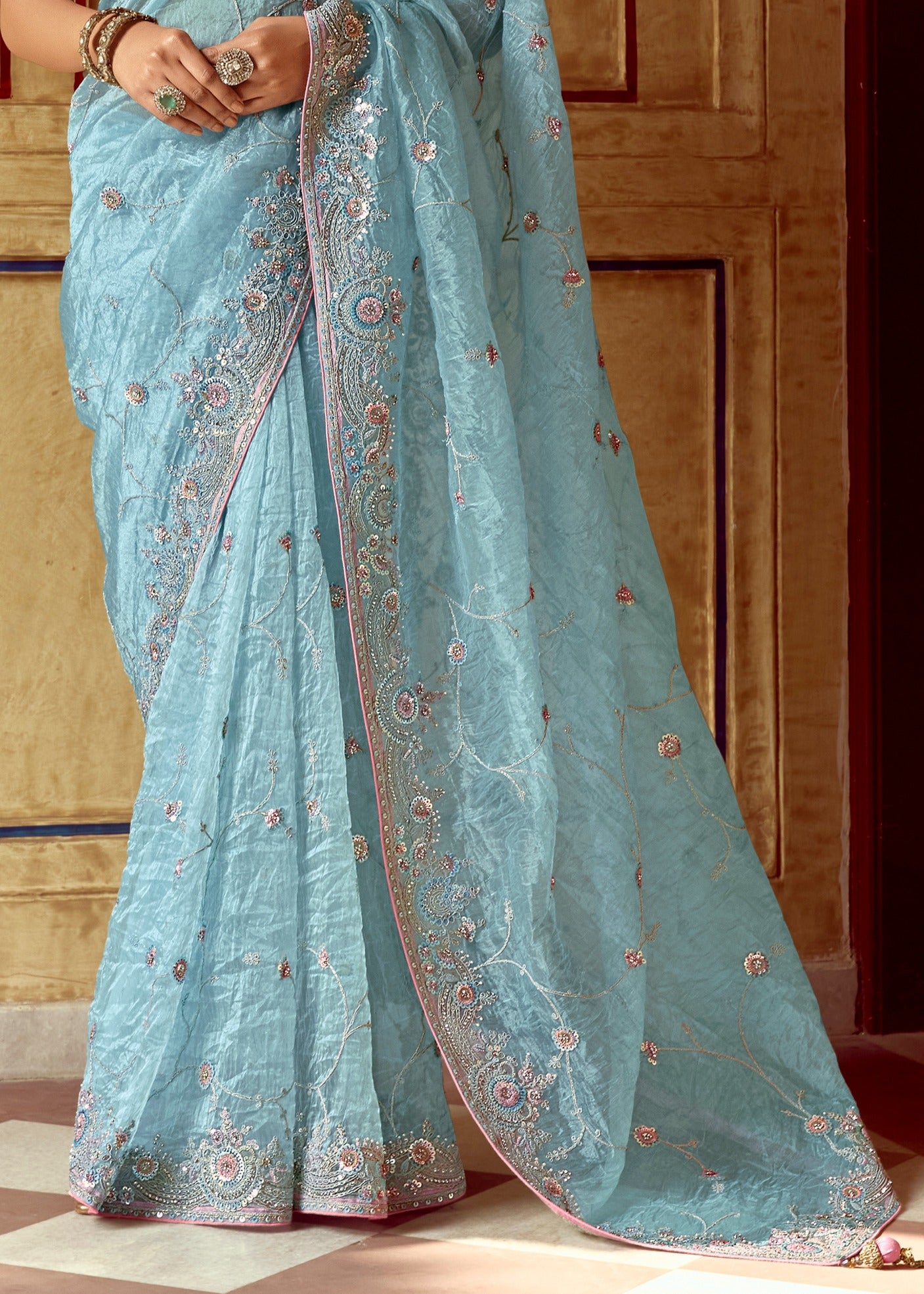 Pastel Blue Organza Tissue Silk Embroidered Saree With Contrast Pink Blouse