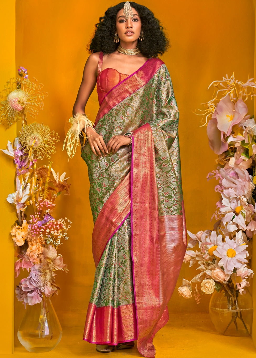 Green and Pinkish Red Kanjivaram Silk Handloom Saree