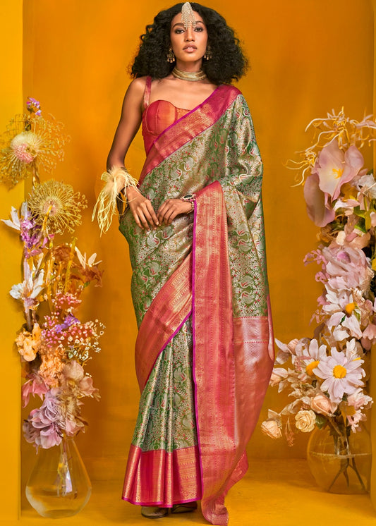 Green and Pinkish Red Kanjivaram Silk Handloom Saree