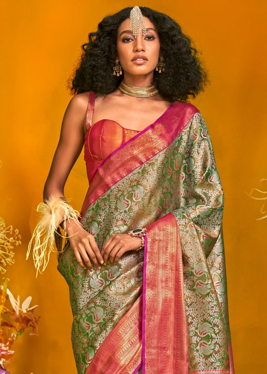 Green and Pinkish Red Kanjivaram Silk Handloom Saree