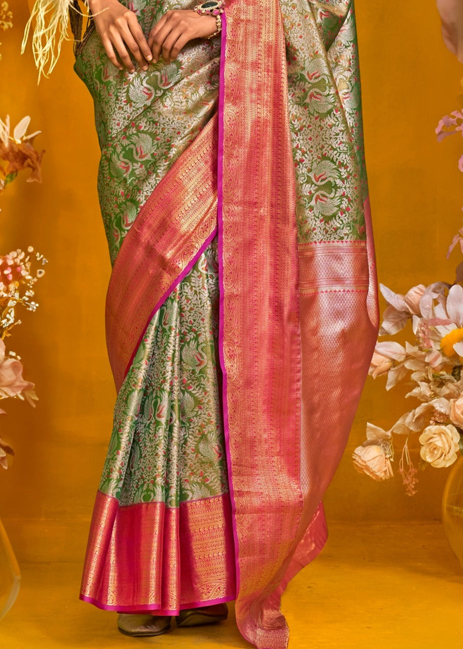 Green and Pinkish Red Kanjivaram Silk Handloom Saree