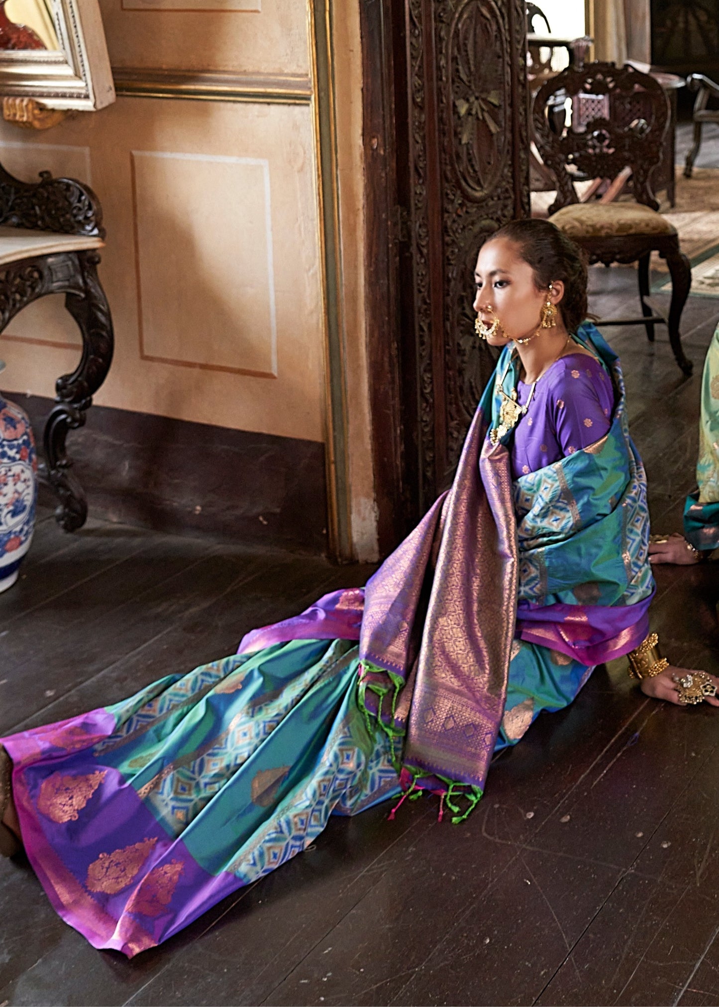 Green & Purple Kanjivaram Silk Zari Weaving Saree