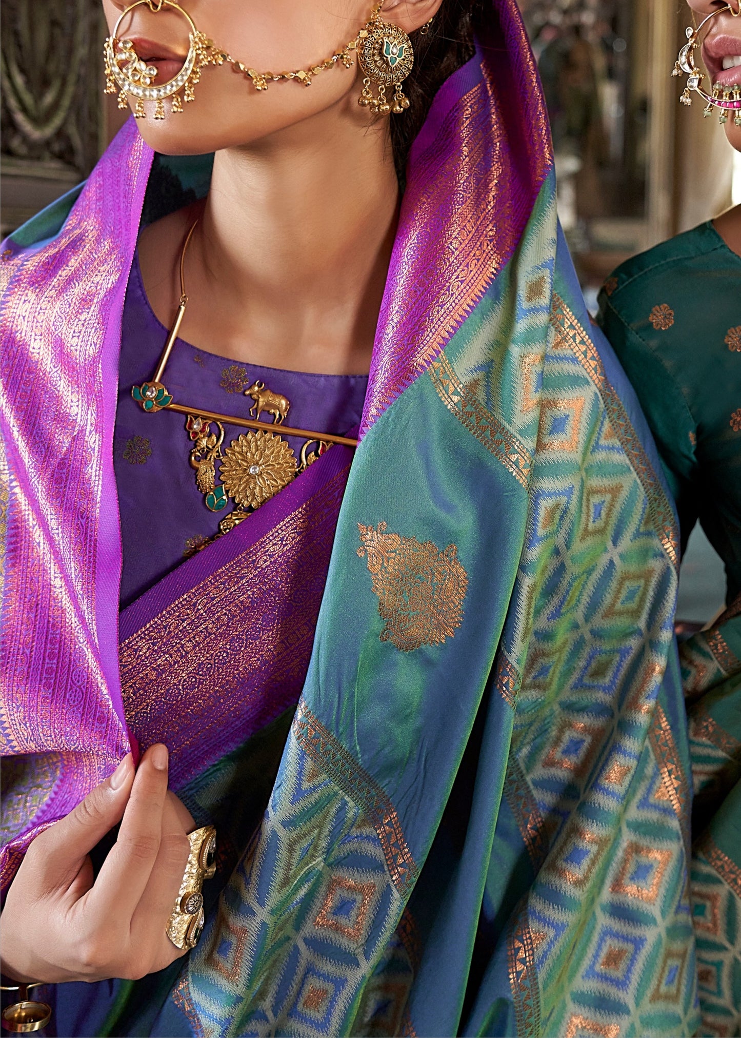 Green & Purple Kanjivaram Silk Zari Weaving Saree