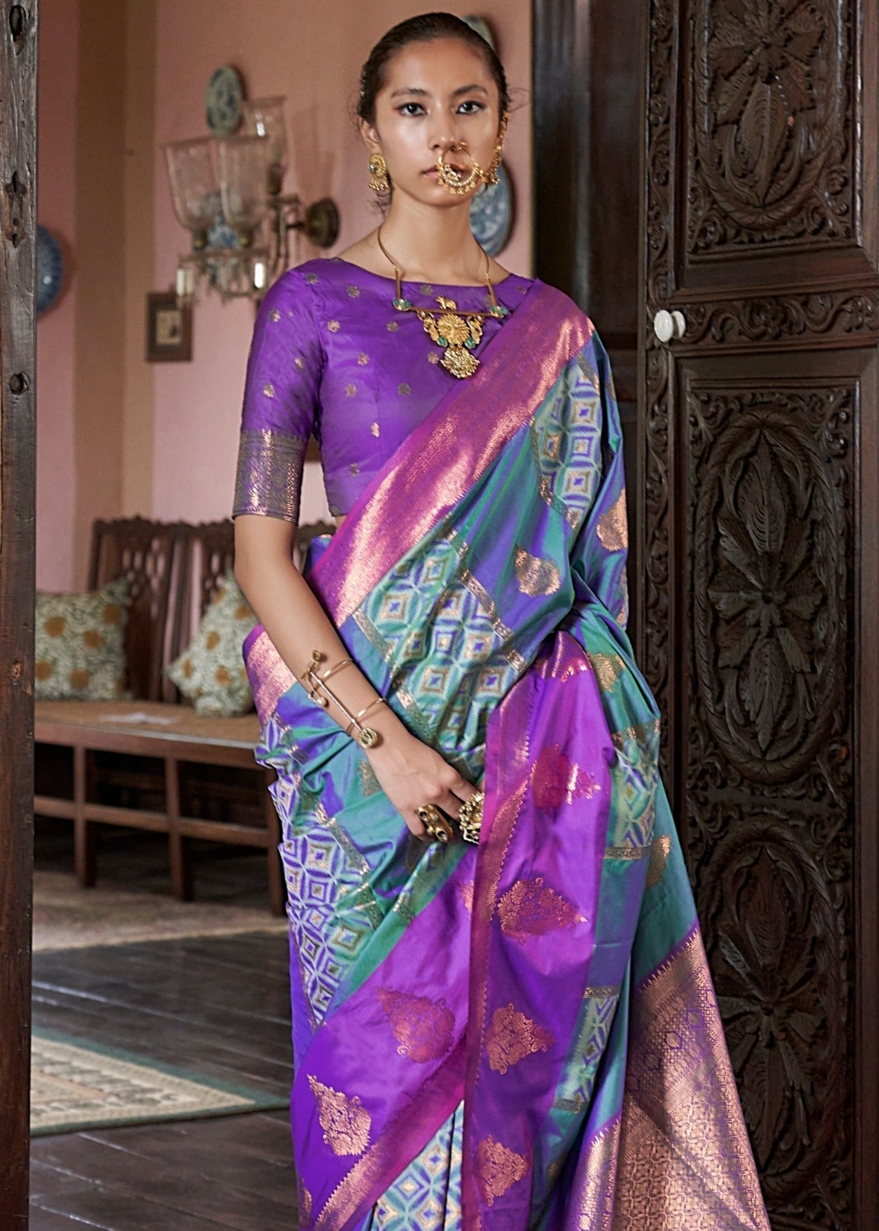 Green & Purple Kanjivaram Silk Zari Weaving Saree