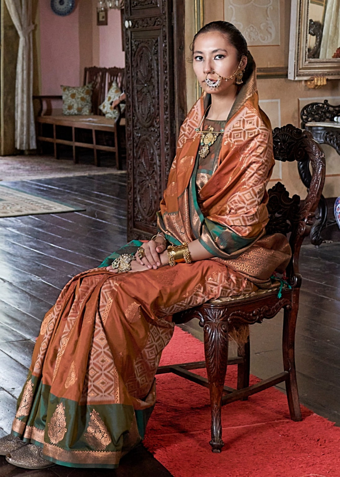 Rust Orange & Mehendi Green Kanjivaram Silk Zari Weaving Saree