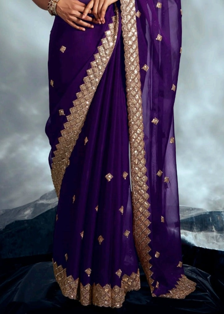 Violet Purple Tissue Silk Hand Embroidered Bridal Saree