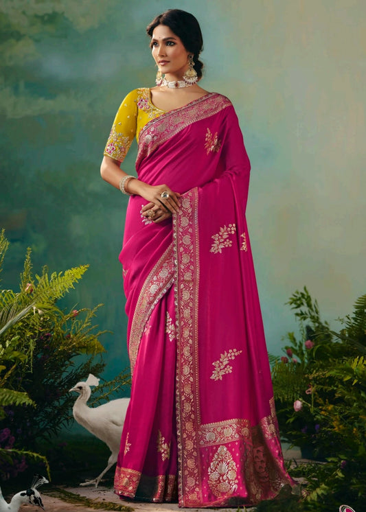 Rani Pink Banarasi Silk Bridal Saree & Yellow Embroidered Blouse
