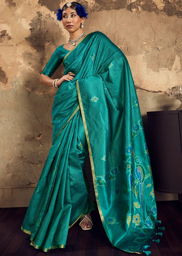 Handloom Weaving Silk Teal Green Patola Saree with Zari Work