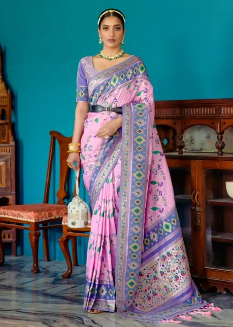 Fusion Banarasi Patola Silk Pastel Pink Saree with Paithani Pallu