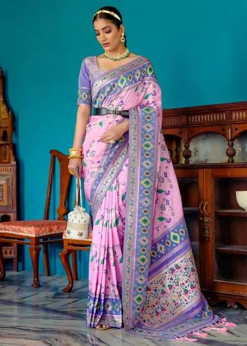 Fusion Banarasi Patola Silk Pastel Pink Saree with Paithani Pallu