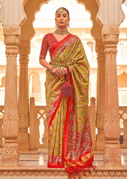 Kalamkari patola fusion mustard yellow saree online shopping with price.