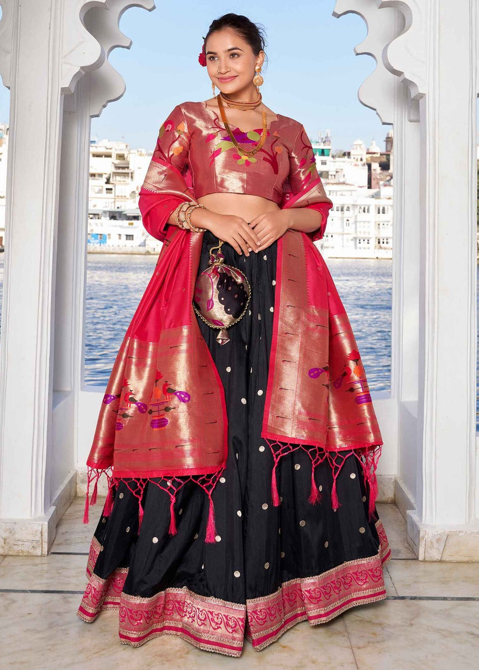 Zari Weaving Black Paithani Silk Lehenga Choli