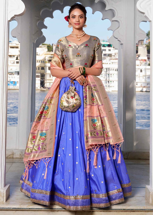 Zari Weaving Light Blue Paithani Silk Lehenga Choli