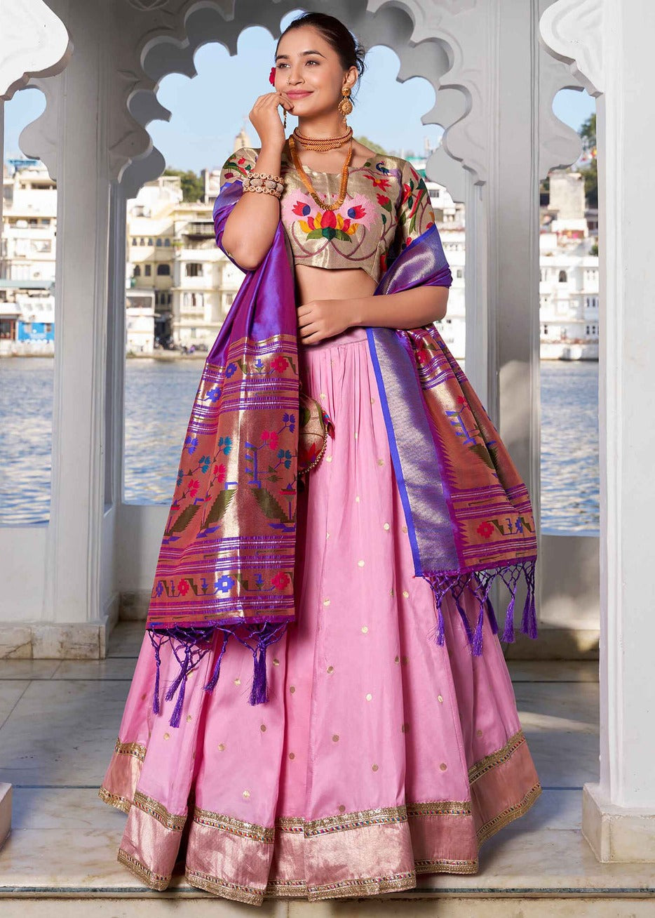 Zari Weaving Pastel Pink Paithani Silk Lehenga Choli