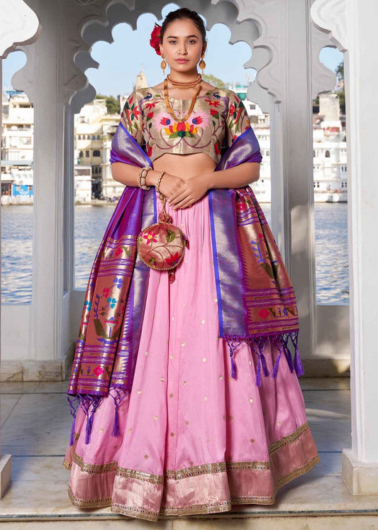 Zari Weaving Pastel Pink Paithani Silk Lehenga Choli