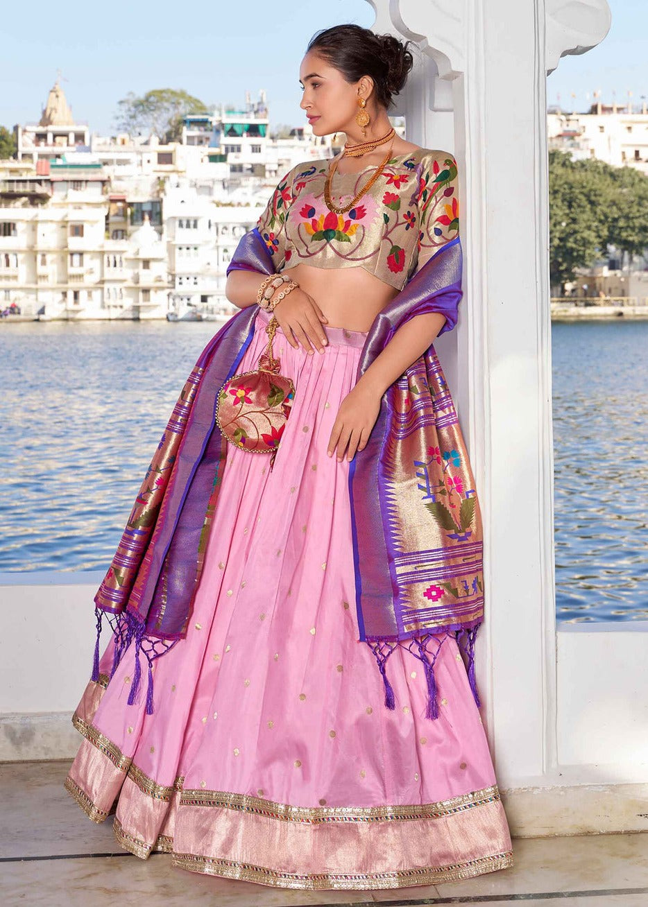 Zari Weaving Pastel Pink Paithani Silk Lehenga Choli