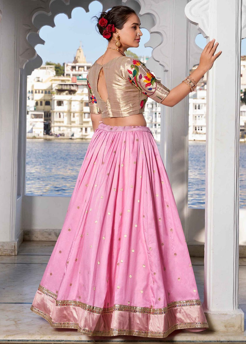 Zari Weaving Pastel Pink Paithani Silk Lehenga Choli