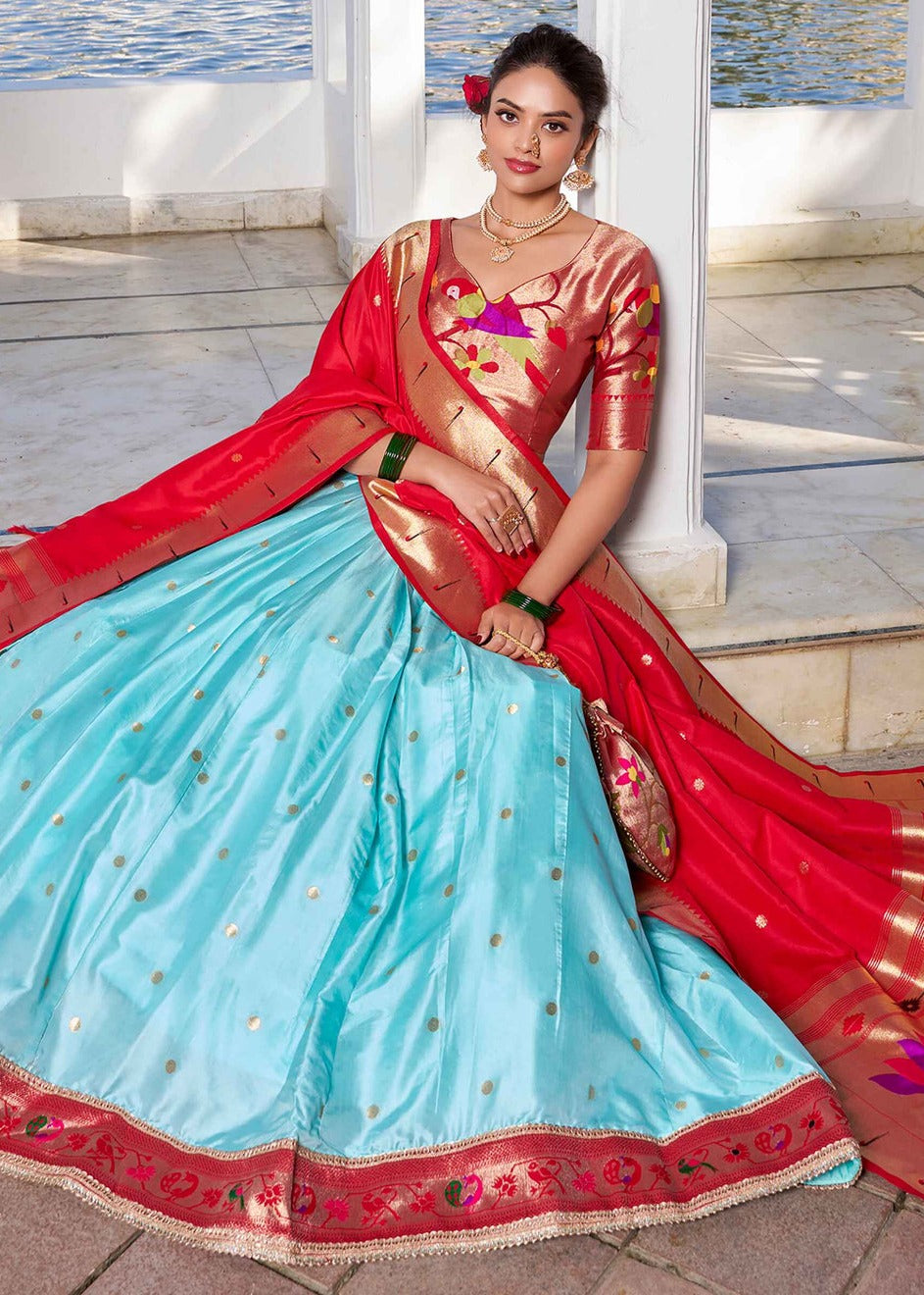 Zari Weaving Pastel Blue Paithani Silk Lehenga Choli