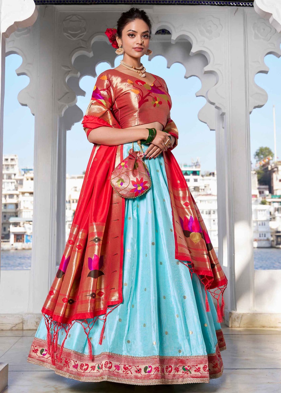 Zari Weaving Pastel Blue Paithani Silk Lehenga Choli