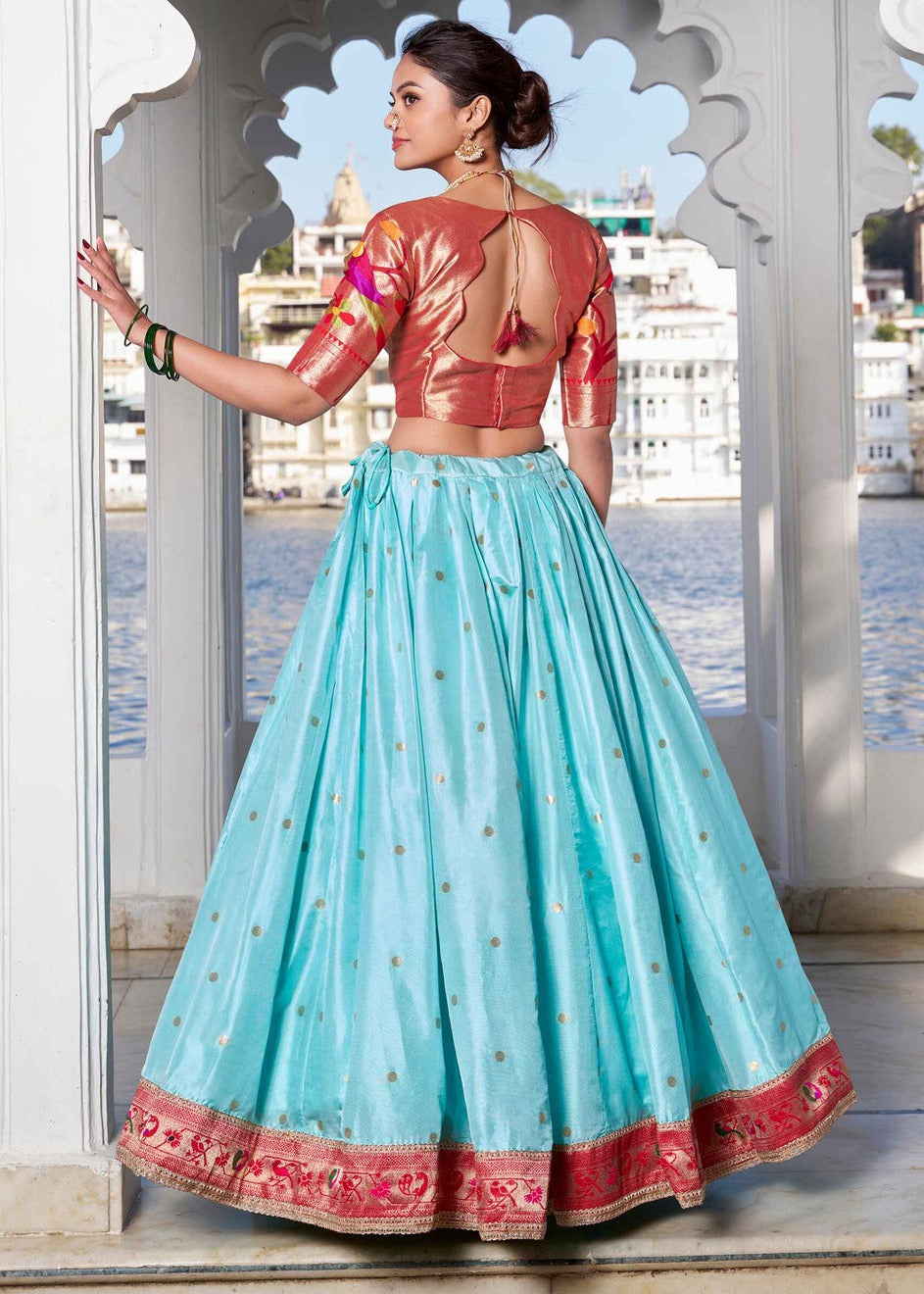 Zari Weaving Pastel Blue Paithani Silk Lehenga Choli