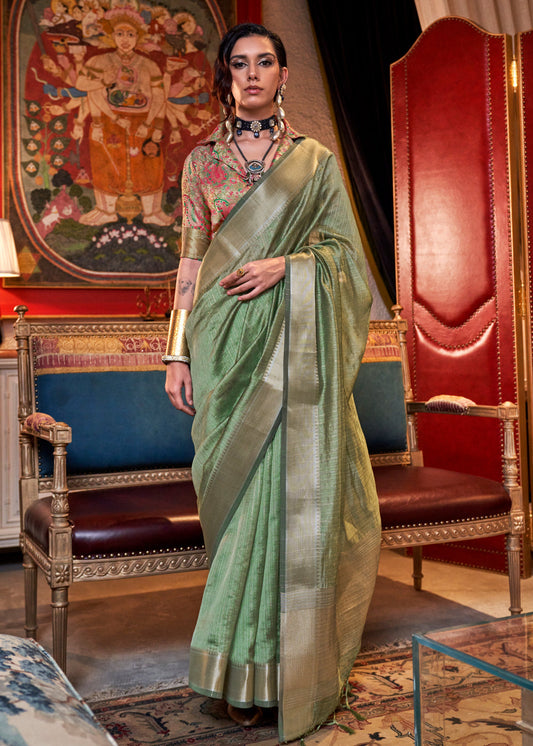 Banarasi Chiffon Olive Green Handloom Saree With Printed Blouse