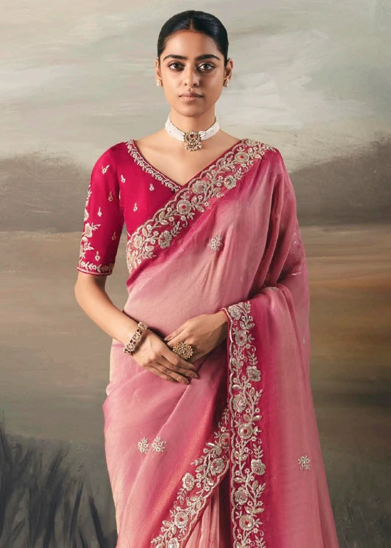 Pink Ombre Effect Tissue Silk Embroidered Bridal Saree