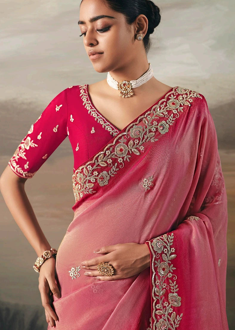 Pink Ombre Effect Tissue Silk Embroidered Bridal Saree