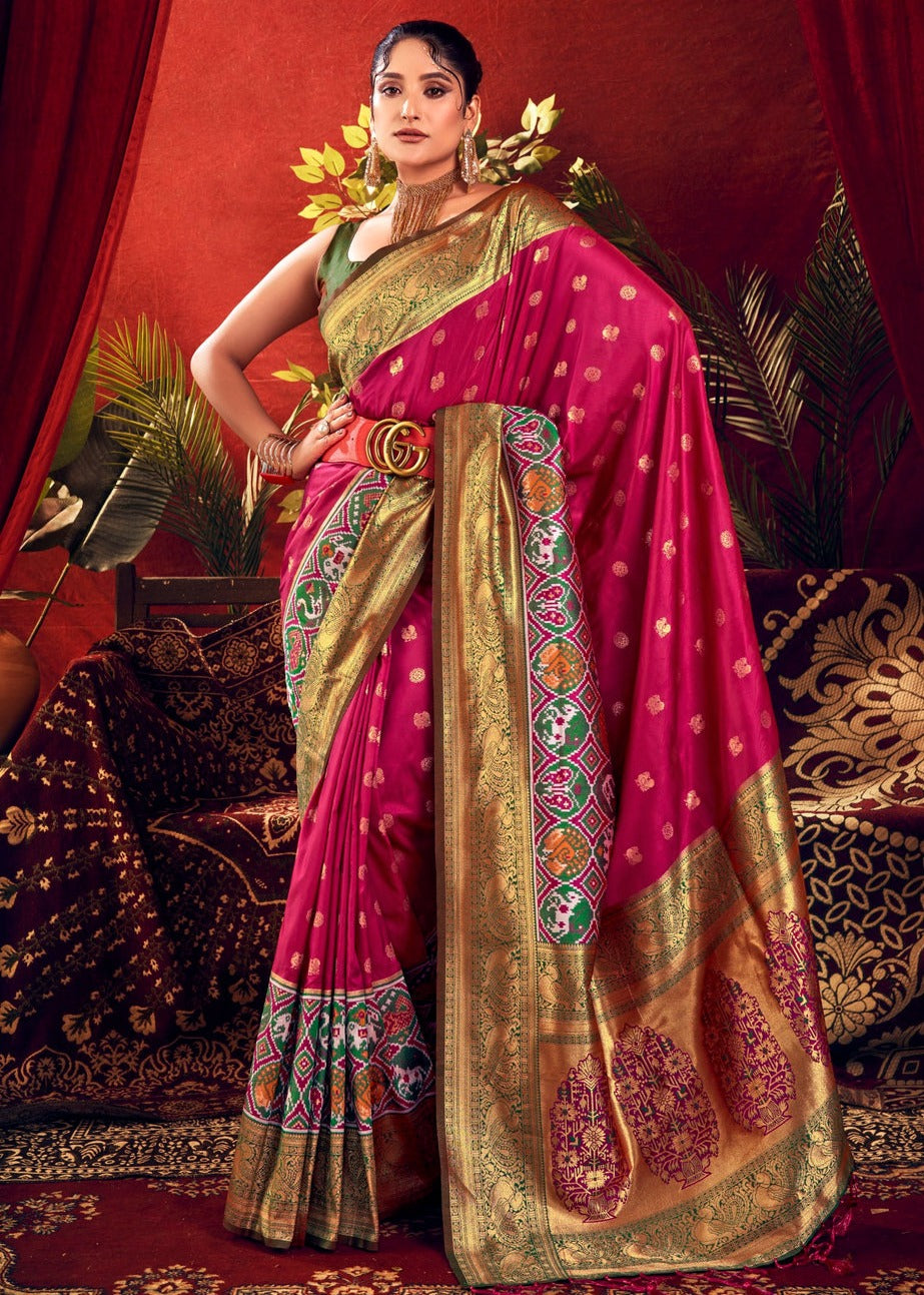 Pure Paithani Patola Fusion Banarasi Silk Pinkish Red Handloom Saree