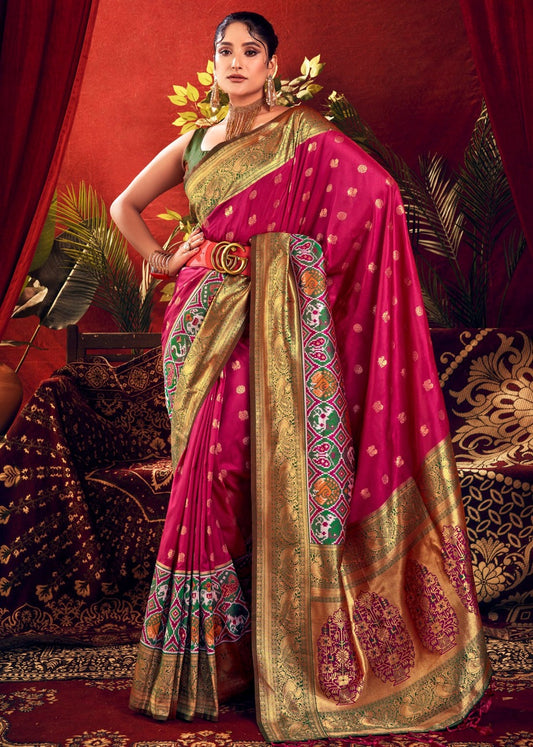 Pure Paithani Patola Fusion Banarasi Silk Pinkish Red Handloom Saree