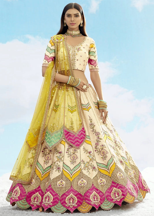 Cream and Yellow Banarasi Silk Lehenga Choli