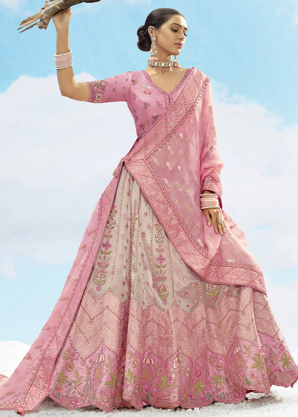 Light Pink and Cream Banarasi Silk Lehenga Choli