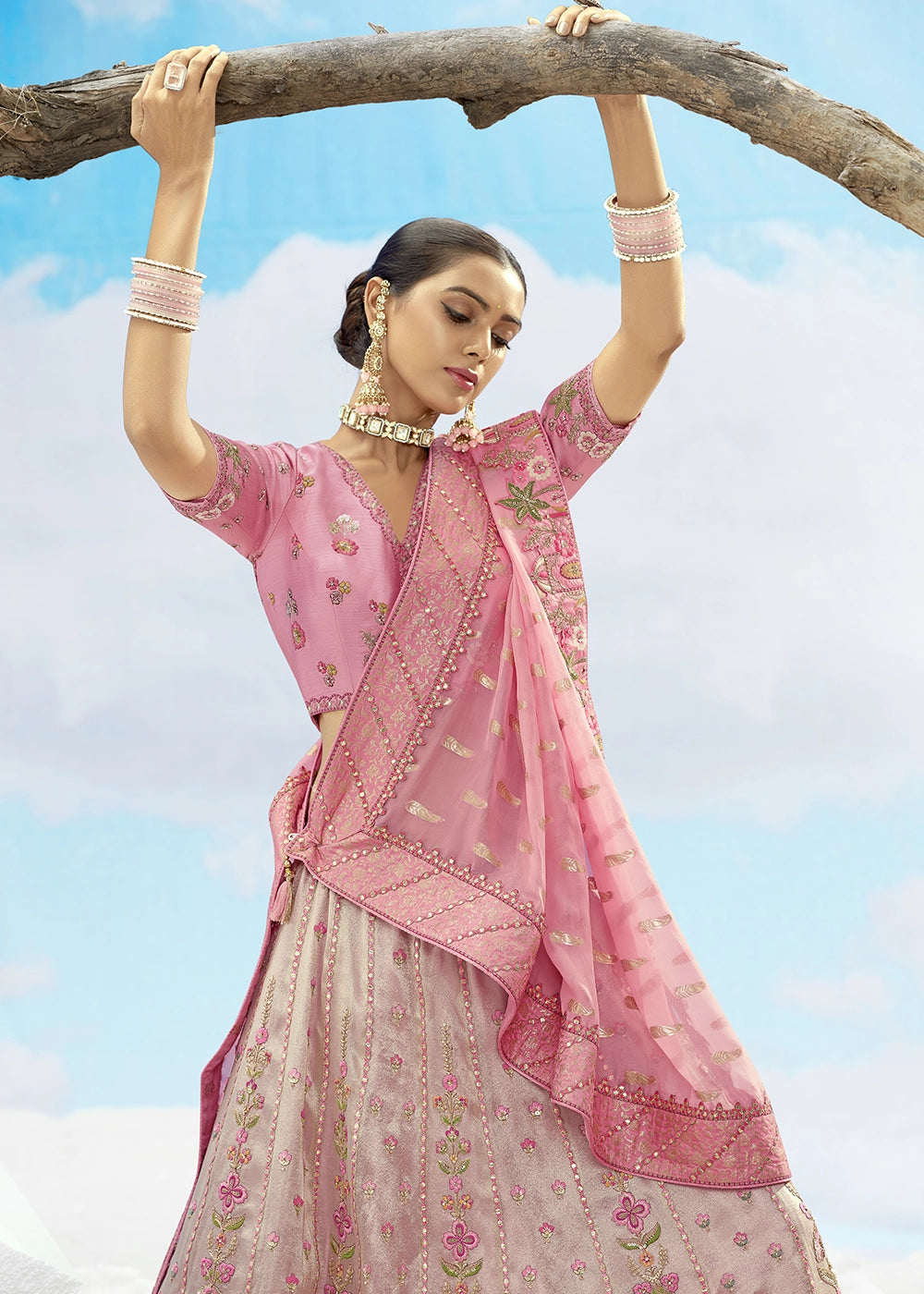Light Pink and Cream Banarasi Silk Lehenga Choli