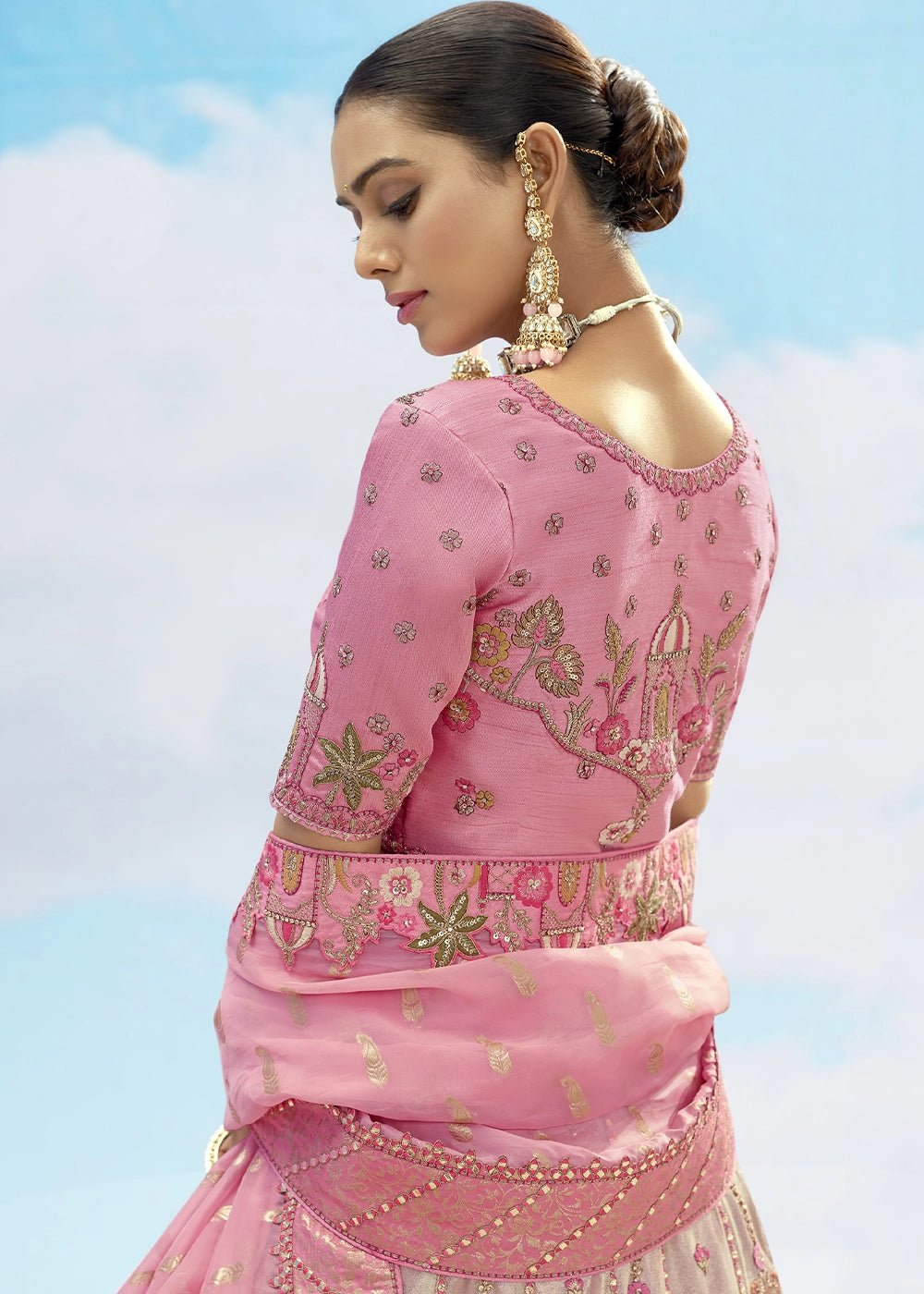 Light Pink and Cream Banarasi Silk Lehenga Choli