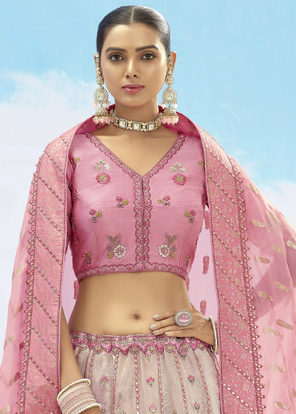 Light Pink and Cream Banarasi Silk Lehenga Choli
