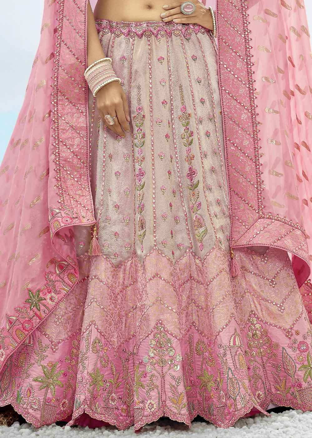 Light Pink and Cream Banarasi Silk Lehenga Choli