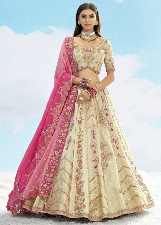 Cream and Pink Banarasi Silk Lehenga Choli